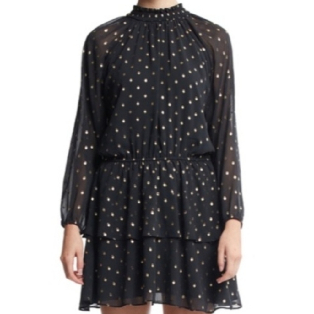 NWT Scoop Foil Dot Long Sleeve Tiered Ruffle Dress, L (12-14), Black & Gold
